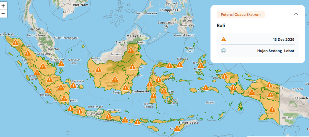 Photo map of extreme weather forecast for December 13, 2025 from BMKG for Bali
