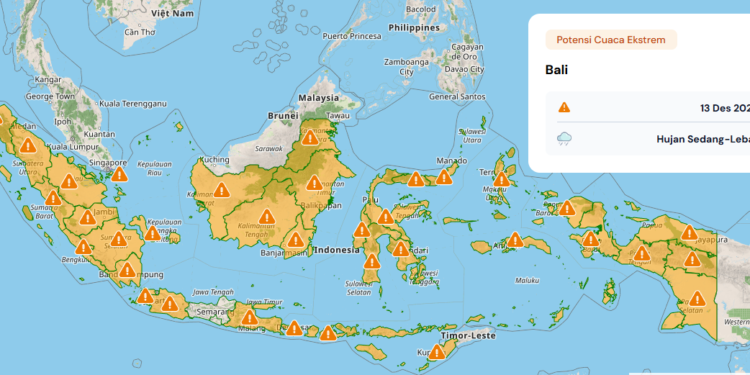 Photo map of extreme weather forecast for December 13, 2025 from BMKG for Bali