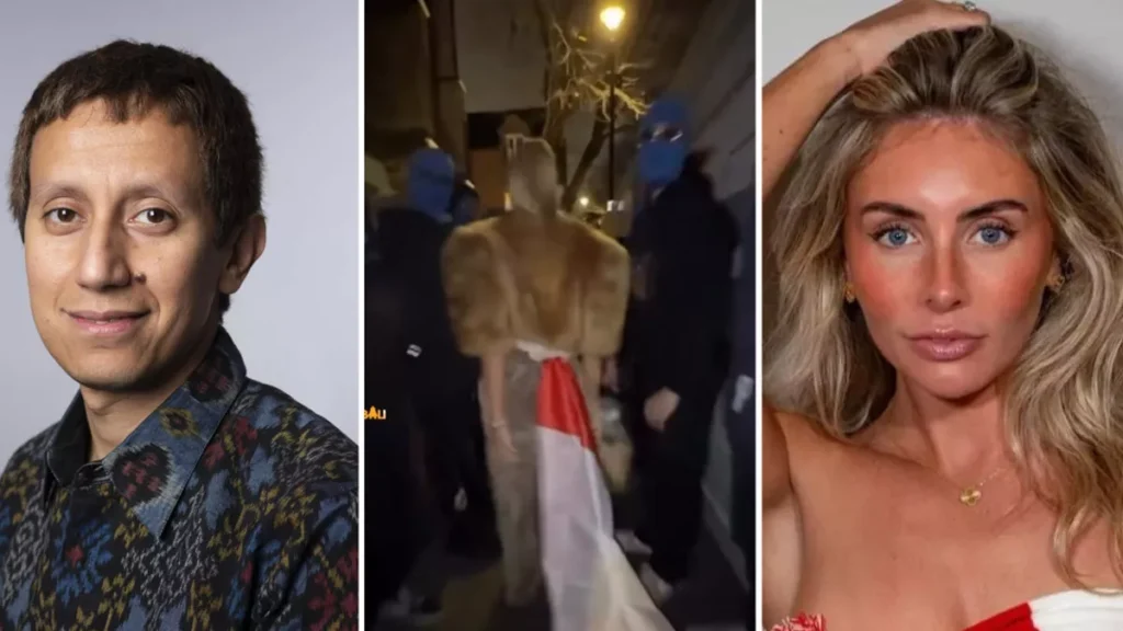 Photo Collage of Vahd Nabyl A Mulachela on the left, in the middle is a photo of a video clip of Bonnie Blue insulting the Indonesian flag and on the far right is a photo of Bonnie Blue