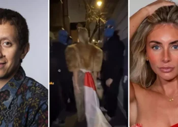 Photo Collage of Vahd Nabyl A Mulachela on the left, in the middle is a photo of a video clip of Bonnie Blue insulting the Indonesian flag and on the far right is a photo of Bonnie Blue