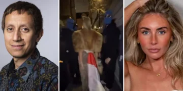 Photo Collage of Vahd Nabyl A Mulachela on the left, in the middle is a photo of a video clip of Bonnie Blue insulting the Indonesian flag and on the far right is a photo of Bonnie Blue