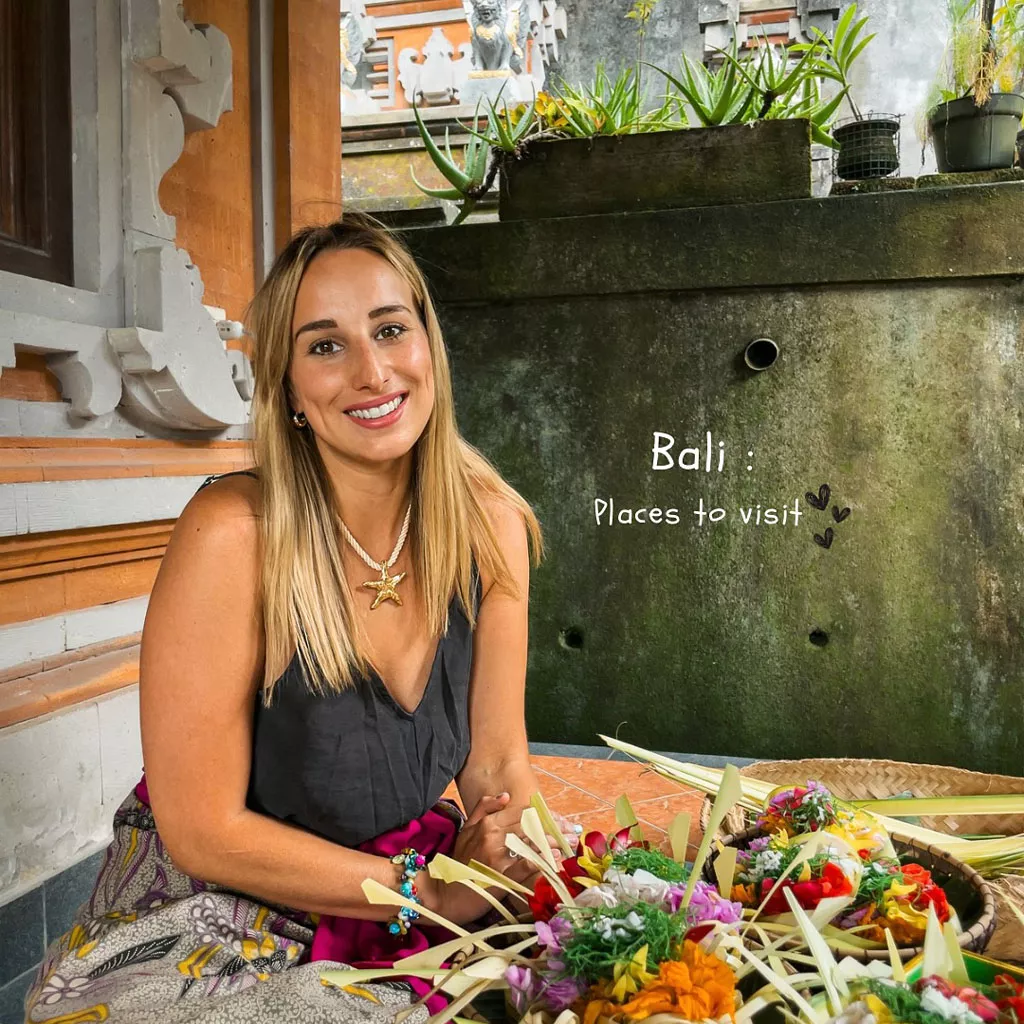 
A female tourist in Bali who wants to experience the real Bali with its cultural richness that cannot be obtained through AI. The woman is seen learning to make canang sari.