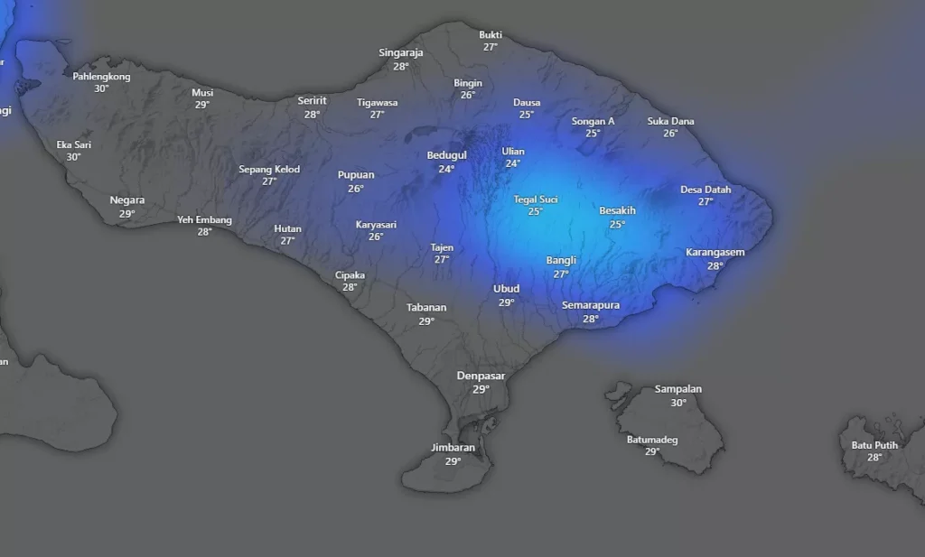 Hey Bali Daily Weather Report: Tuesday, 30 December 2025 38
Bali Weather Map December 30, 2025, Blue is the location of the highest rainfall in Bali