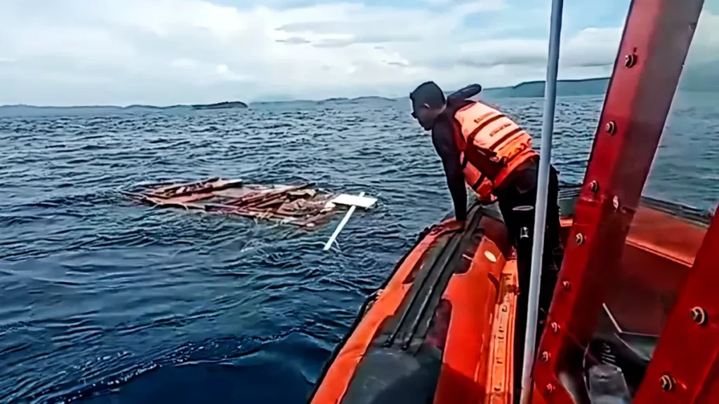 Wreckage Found in Komodo Waters as Search Continues for Missing Spanish Family 38 Joint SAR team personnel look at the remains of a ship's hull believed to be from the KM Putri Sakinah which sank in the waters of Padar Island, East Nusa Tenggara, Friday (26/12/2025) evening. (SAR Doc.)