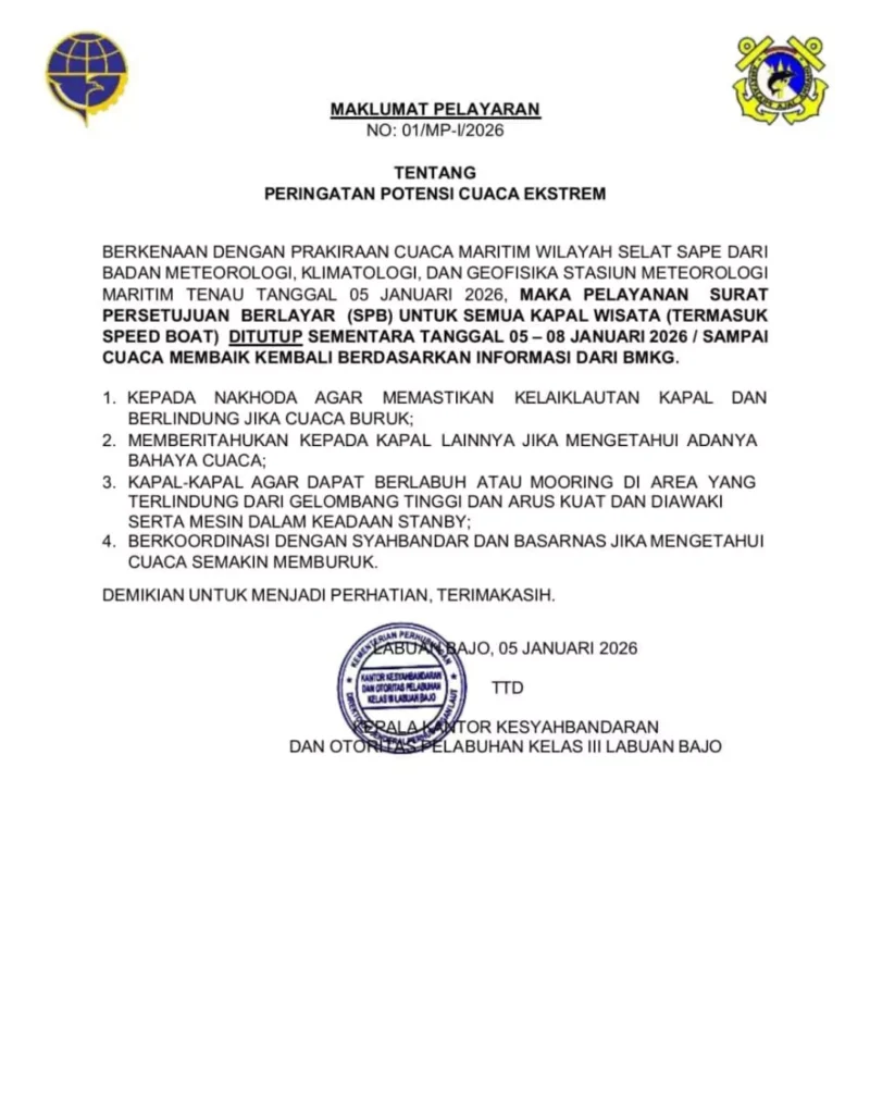 Maritime Travel Advisory Extended: Labuan Bajo Waters Closed Until Jan 8 Amid Extreme Weather 38 Official letter and circular from BMKG and Harbor Master regarding the closure of marine tourism in Labuan Bajo until the 8th received by the Hey Bali editorial desk.