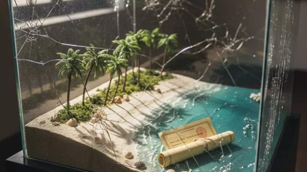 Illustration of a Bali-like tropical island inside a cracked glass case with a land certificate by the shoreline, symbolizing legal uncertainty and investment risk.