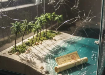 Illustration of a Bali-like tropical island inside a cracked glass case with a land certificate by the shoreline, symbolizing legal uncertainty and investment risk.