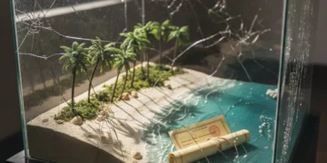 Illustration of a Bali-like tropical island inside a cracked glass case with a land certificate by the shoreline, symbolizing legal uncertainty and investment risk.