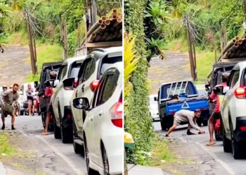 Screenshot of a foreigner, or tourist, inspired to close a pothole in Ubud for the safety of road users. (Hey Bali)