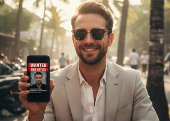 Illustration of a handsome and stylishly dressed Caucasian man in Bali, who turns out to be an Interpol fugitive (Photo created by AI)