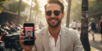 Illustration of a handsome and stylishly dressed Caucasian man in Bali, who turns out to be an Interpol fugitive (Photo created by AI)