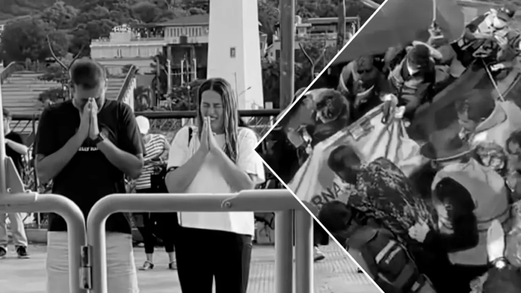 Photo:A Wife’s Agony at the Dock: Tears and Prayers as Husband’s Body Returns to Labuan Bajo & Photo of the body of the Valencia coach found in the waters of Padang, exactly 2 kilometers from the scene of the incident. January 4, 2026 (Heybali)