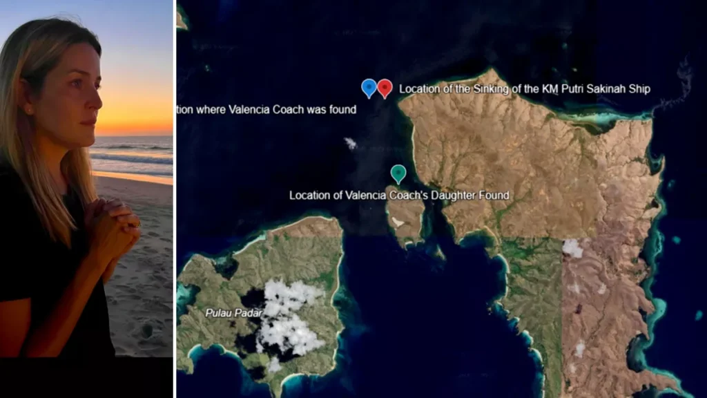 Foto kolase Istri Pelatih Valencia dan Koordinat kapal tenggelam dan ditemukannya 2 Jenasah di Labuan Bajo tragedi KM Putri Sakinah