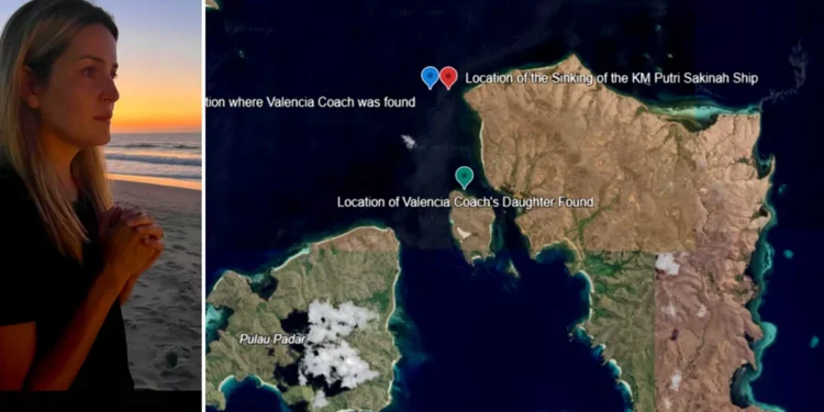 The Geography of Grief: A Map of Tragedy and Tenacity in Komodo 37 Foto kolase Istri Pelatih Valencia dan Koordinat kapal tenggelam dan ditemukannya 2 Jenasah di Labuan Bajo tragedi KM Putri Sakinah