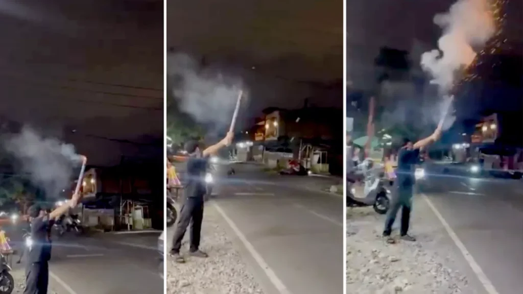 Screenshot of a video of a motorbike accident during New Year's Eve celebrations