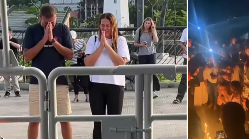 Video A Wife's Prayer Answered: Valencia Coach Found After Community Vigil in Labuan Bajo 1 Collage photo of the wife of coach Valencia crying at the Labuan Bajo pier knowing that her husband was found and a photo of the wife lighting candles with thousands of Labuan Bajo residents.