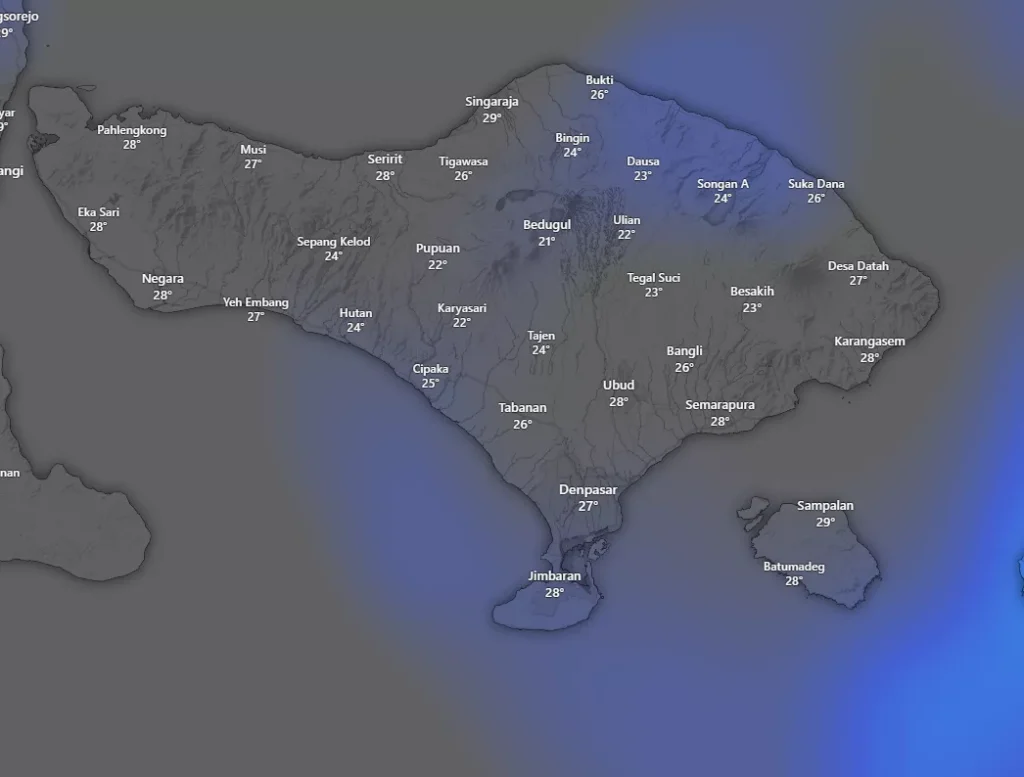 Weather Alert January 6: Widespread Heavy Rain and Strong Winds Forecast for Bali 38
Bali Weather Map January 6, 2026. Blue shading is the potential rain location (Windy)