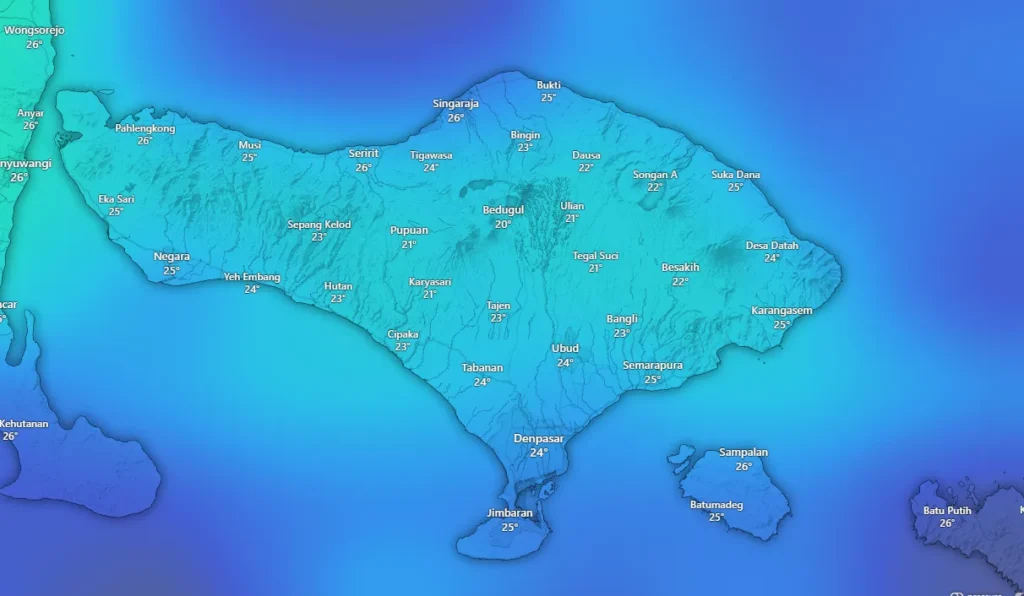 Bali Weather Today Alert – 8 January 2026 38
Screenshot of Bali's weather map for January 8, 2026. The light blue color indicates evenly distributed rain across Bali. (Source: Windy)