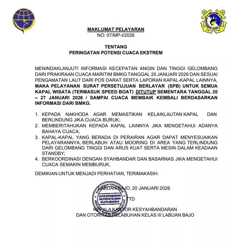 Boat Ban Extended: Labuan Bajo's Komodo Park Closed to Tourist Vessels Until Jan 27 38 Official letter and circular from BMKG and Harbor Master regarding the closure of marine tourism in Labuan Bajo until the 27 January 2026 received by the Hey Bali editorial desk.