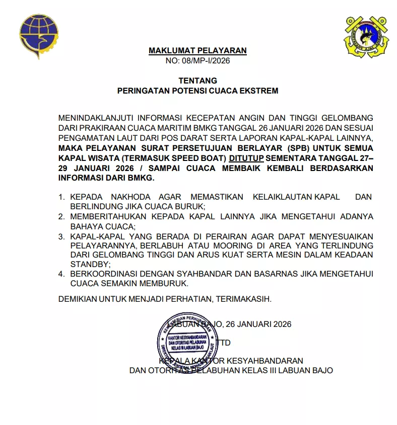 Labuan Bajo Extends Tourist Boat Shutdown Until January 29 as Rough Seas Persist 38 Official letter and circular from BMKG and Harbor Master regarding the closure of marine tourism in Labuan Bajo until the 29 January 2026 received by the Hey Bali editorial desk.