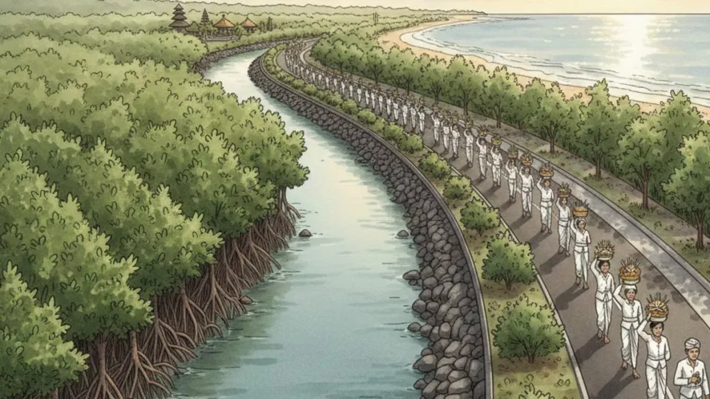 Illustration of a prayer path along the coast of Sidakarya, South Denpasar, designed alongside a mangrove area and river channel. (Created by AI)