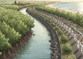 Illustration of a prayer path along the coast of Sidakarya, South Denpasar, designed alongside a mangrove area and river channel. (Created by AI)