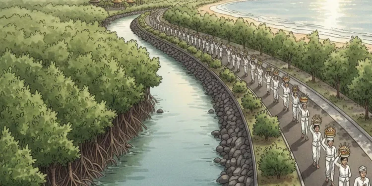 Why a New Mangrove Road in Sidakarya Is Meant for Worship, Not Industry 37 Illustration of a prayer path along the coast of Sidakarya, South Denpasar, designed alongside a mangrove area and river channel. (Created by AI)