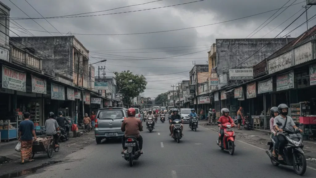 When National Anxiety Reaches the Island: Weighing an Economic Warning Through Bali’s Lens 38 The atmosphere of the main street in Denpasar, Bali, under a cloudy sky, with the activities of residents, motorized vehicles, and rows of shops reflecting the daily economic pulse of the city.