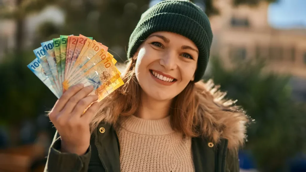 Illustration of a woman holding a Swiss franc banknote