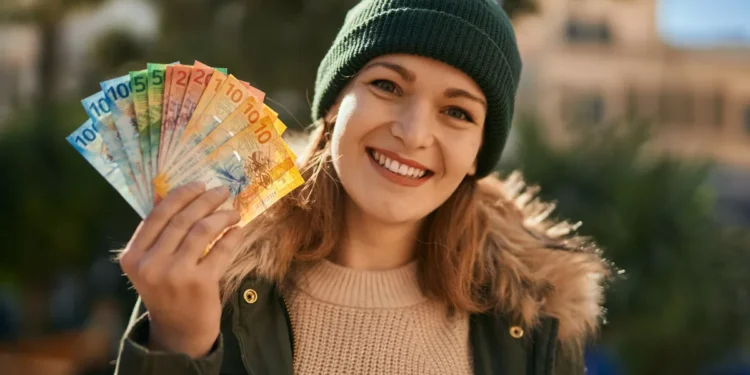 Illustration of a woman holding a Swiss franc banknote