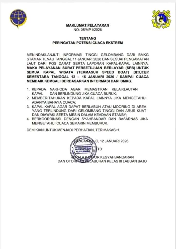 Storm Alert Halts All Tourist Boat Operations in Labuan Bajo Until January 15 38 Official letter and circular from BMKG and Harbor Master regarding the closure of marine tourism in Labuan Bajo until the 15th January 2026 received by the Hey Bali editorial desk.