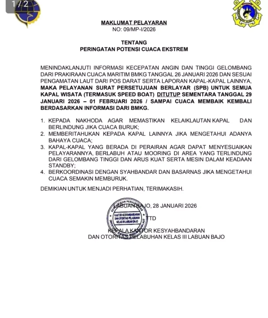 Komodo National Park Access from Labuan Bajo Closed Until at Least February 1 38 Official letter and circular from BMKG and Harbor Master regarding the closure of marine tourism in Labuan Bajo until the 01 February 2026 received by the Hey Bali editorial desk.