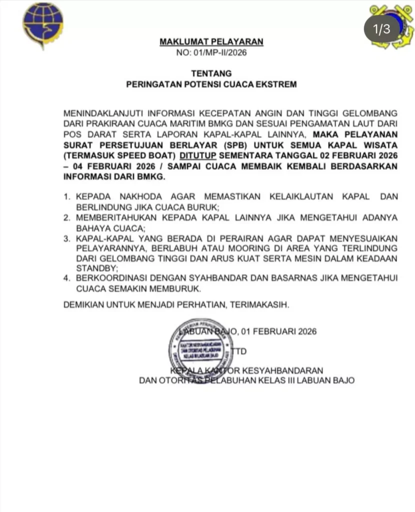 Komodo National Park Access Halted: Labuan Bajo Extends Tourist Boat Ban Until February 4 Amid Severe Storm Threat 38 Official letter and circular from BMKG and Harbor Master regarding the closure of marine tourism in Labuan Bajo until the 04 February 2026 received by the Hey Bali editorial desk.