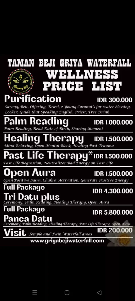 Melukat at Taman Beji Griya: Tickets, Rituals & What It Costs to Purify in Bali 38 Photo of the price list received by the Hey Bali News editorial team from the Beji Park management.