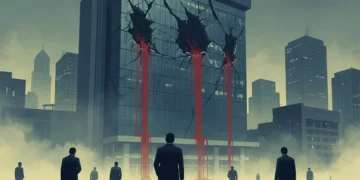 Illustration of a financial district building with cracked glass and red downward streaks symbolizing a stock market collapse, as silhouetted business figures stand facing the damage, representing Indonesia’s market crisis and loss of investor confidence.