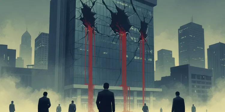 Indonesia’s Financial Wake-Up Call: Markets, Manipulation, and the Cost of Denial 37 Illustration of a financial district building with cracked glass and red downward streaks symbolizing a stock market collapse, as silhouetted business figures stand facing the damage, representing Indonesia’s market crisis and loss of investor confidence.