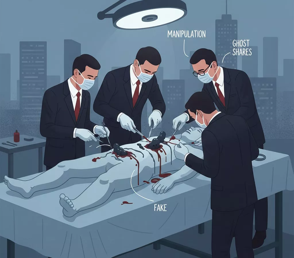 Indonesia’s Financial Wake-Up Call: Markets, Manipulation, and the Cost of Denial 39 Editorial illustration depicting suited figures dissecting a human body on an operating table, symbolizing manipulation, fake liquidity, and “ghost shares” in a stock market system under scrutiny