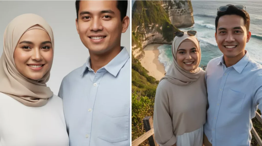 How to Create Cinematic Kelingking Beach Photos With AI (5 Ready-to-Use Prompts) 41
AI-generated photo results with a couple prompt (hijab/non-hijab options). Left is the before and right is the after (Heybali)