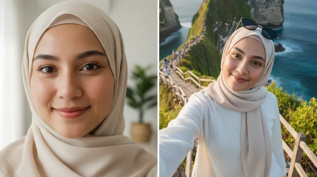 How to Create Cinematic Kelingking Beach Photos With AI (5 Ready-to-Use Prompts) 39 AI-generated photo results with prompts for Solo Female, Hijab. Left is the before and right is the after (Heybali)