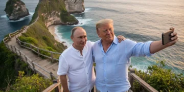 AI-generated photo results with Donald Trump and Putin models at Kelingking Beach, Nusa Penida Bali (Heybali)