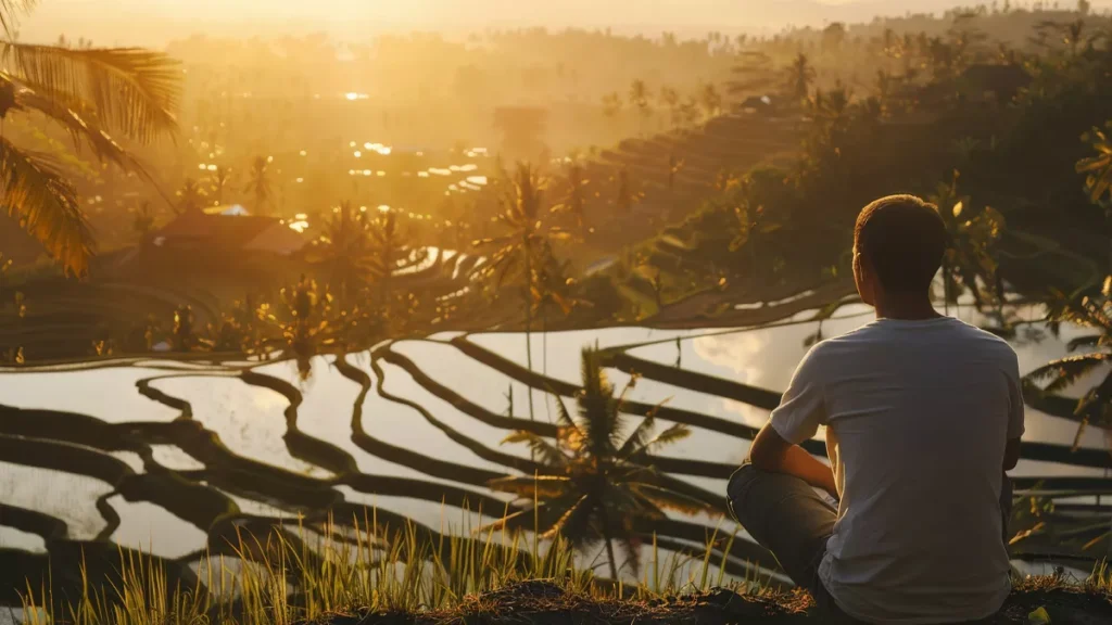 Illustration photo of a tourist looking at a stretch of rice fields and intending to buy land in Bali (Freepik)