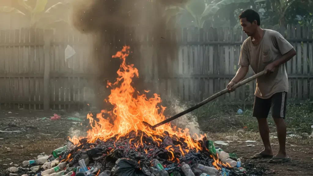 Bali Banned Organic Waste from Its Main Dump. Now Residents Are Burning It 3 Photo of a resident burning plastic and organic waste with thick smoke that causes air pollution (Ist)