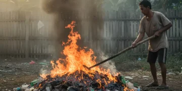 Photo of a resident burning plastic and organic waste with thick smoke that causes air pollution (Ist)