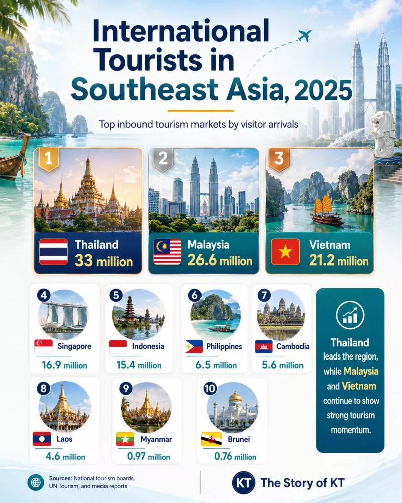 Thailand Leads, Vietnam Surges, Indonesia Falls Behind: What Southeast Asia's Tourism Numbers Reveal 38 Infographic of the number of tourist visits in Southeast Asia