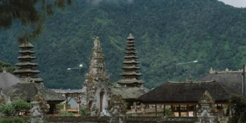 Illustration of Temples and Tall Buildings in Bali
