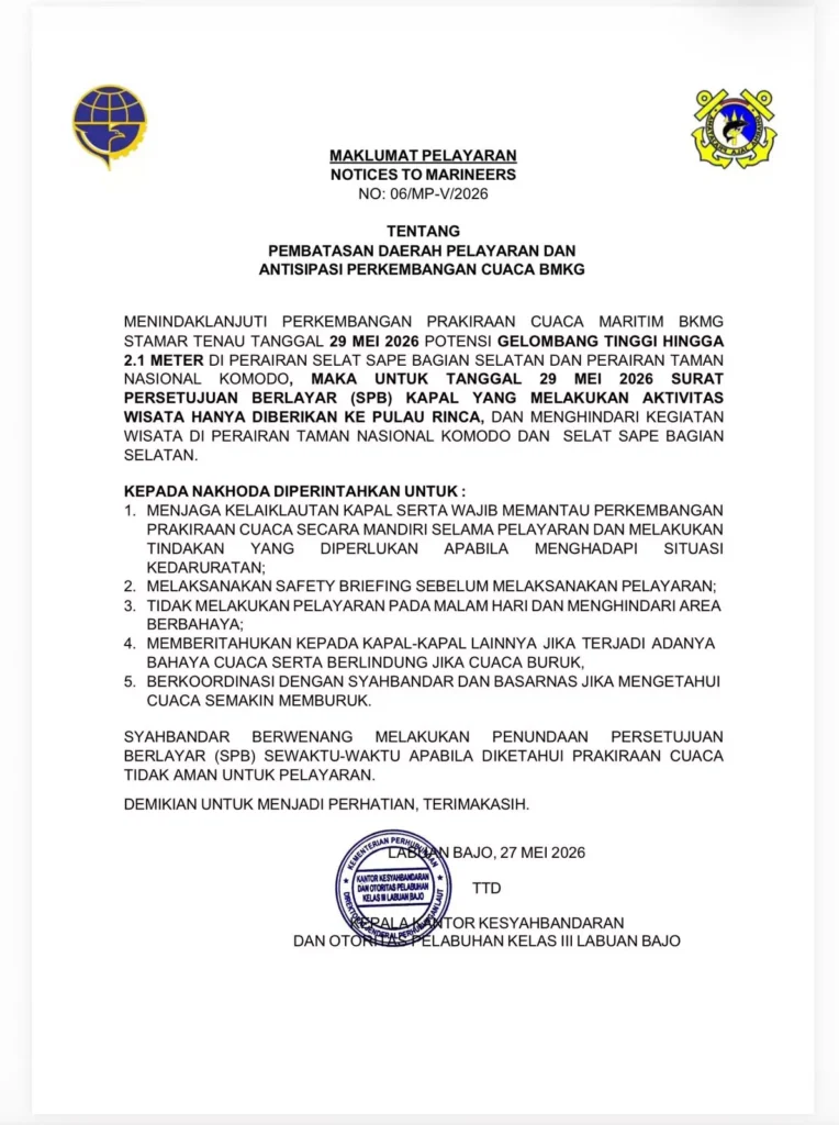 Komodo Island Closed to Tourists on May 29 as Waves Forecast to Reach 2 Meters 38 official circular from the Labuan Bajo Harbor Master received by the Hey Bali editorial team