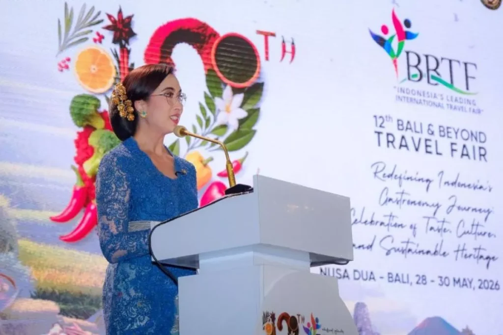 Minister of Tourism Widiyanti Putri Wardhana in her remarks at the opening of the Bali & Beyond Travel Fair (BBTF) 2026 at Heritage Beach Garden, The Westin Resort Nusa Dua, Bali, (28/5/2026). (HO-Ministry of Tourism)