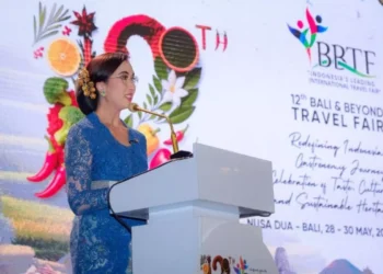 Minister of Tourism Widiyanti Putri Wardhana in her remarks at the opening of the Bali & Beyond Travel Fair (BBTF) 2026 at Heritage Beach Garden, The Westin Resort Nusa Dua, Bali, (28/5/2026). (HO-Ministry of Tourism)