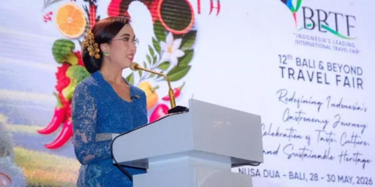 Minister of Tourism Widiyanti Putri Wardhana in her remarks at the opening of the Bali & Beyond Travel Fair (BBTF) 2026 at Heritage Beach Garden, The Westin Resort Nusa Dua, Bali, (28/5/2026). (HO-Ministry of Tourism)
