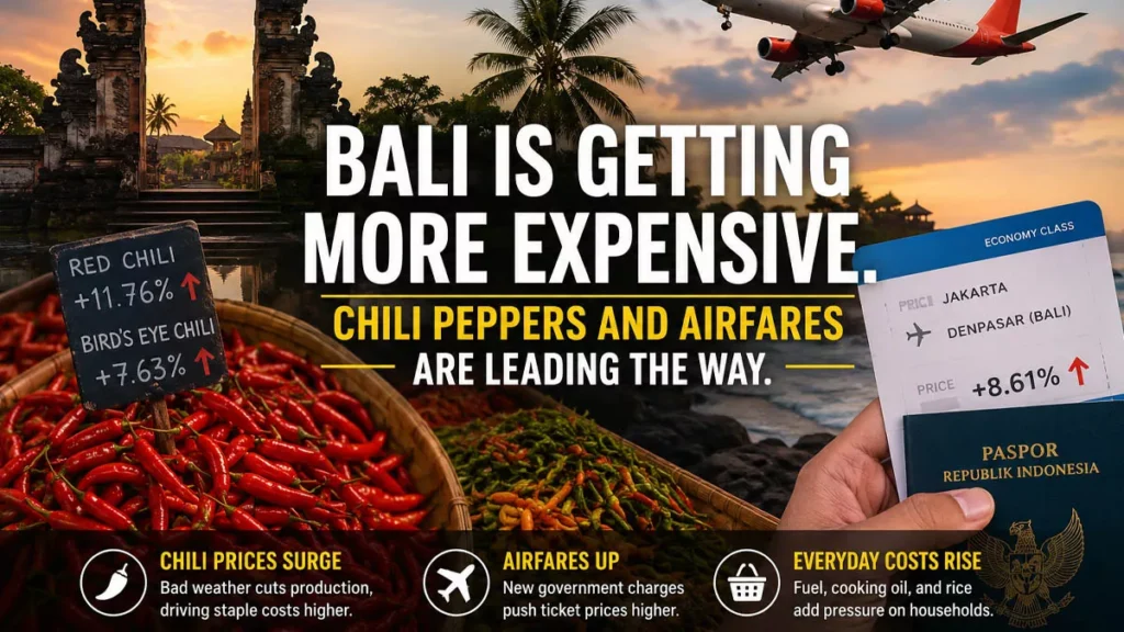Illustration showing rising chili prices and increasing airline ticket costs contributing to inflation and higher living expenses in Bali, Indonesia.